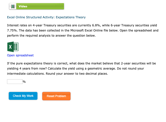  Video Excel Online Structured Activity: Expectations Theory Interest rates on 4-year