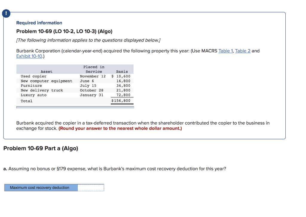  Required information Problem 10-69 (LO 10-2, LO 10-3) (Algo) (The following