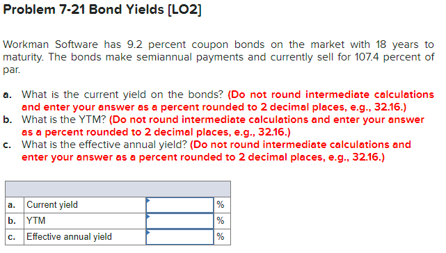  Problem 7-21 Bond Yields [LO2] Workman Software has 9.2 percent coupon