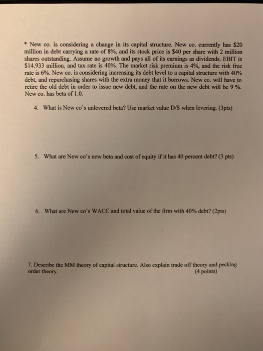  New co. is considering a change in its capital structure. New