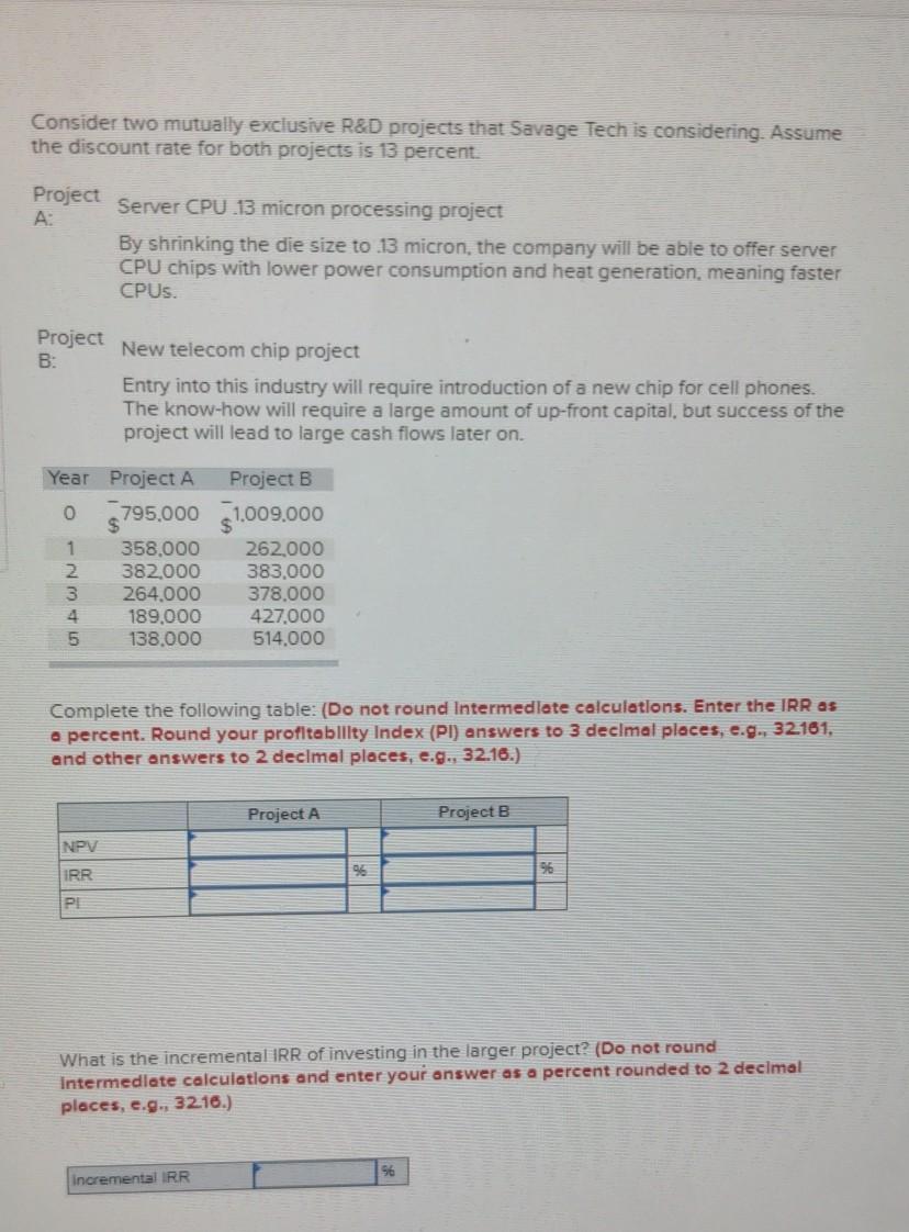  Consider two mutually exclusive R&D projects that Savage Tech is considering.