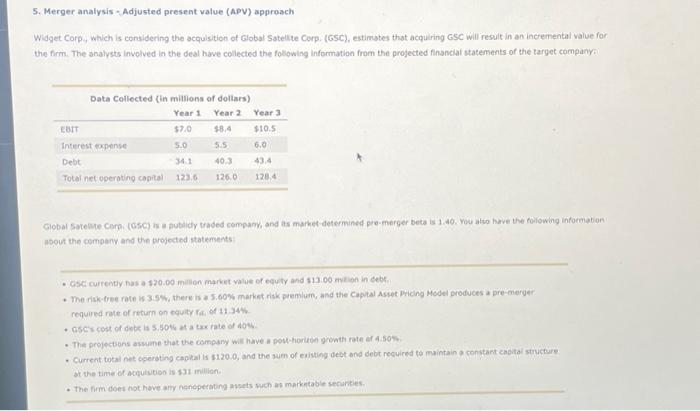  5. Merger analysis - Adjusted present value (APV) approach Wisget Corp,