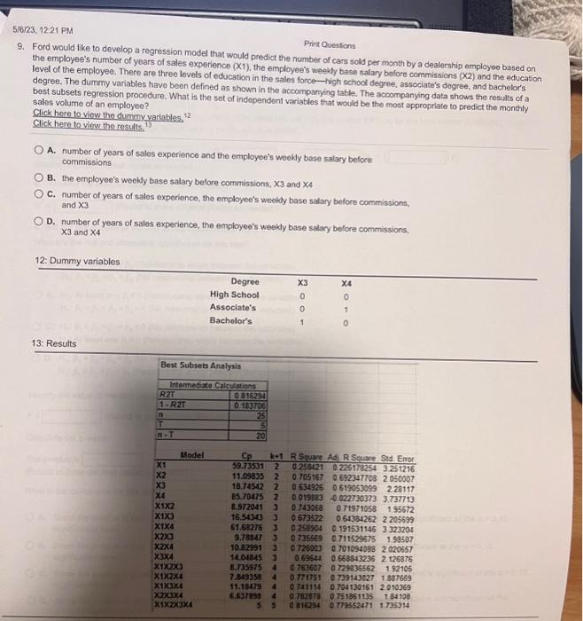  Print Questions Ford would like to develop a regression model that