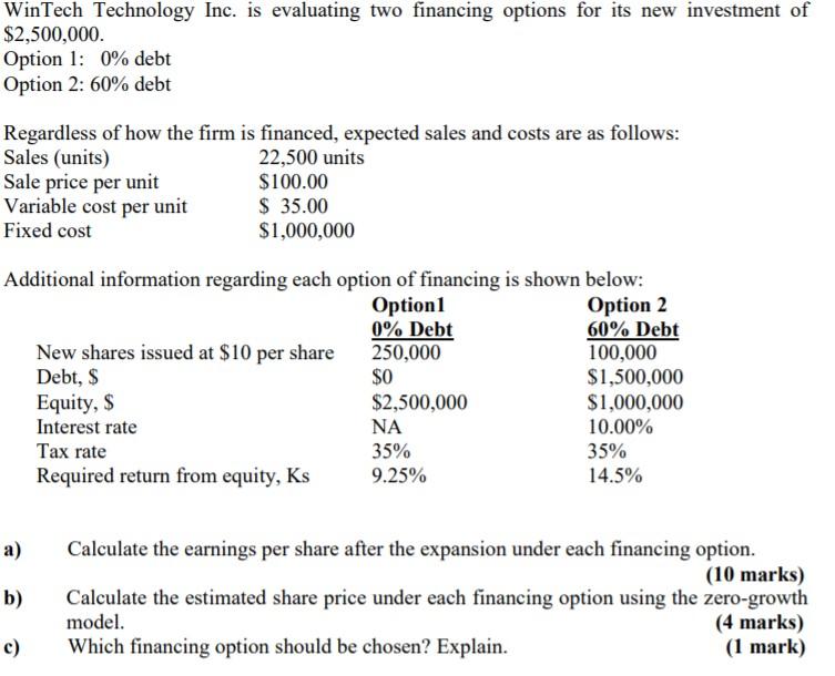  WinTech Technology Inc. is evaluating two financing options for its new