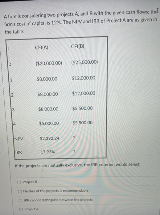need help with these 2 please A firm is considering two projects