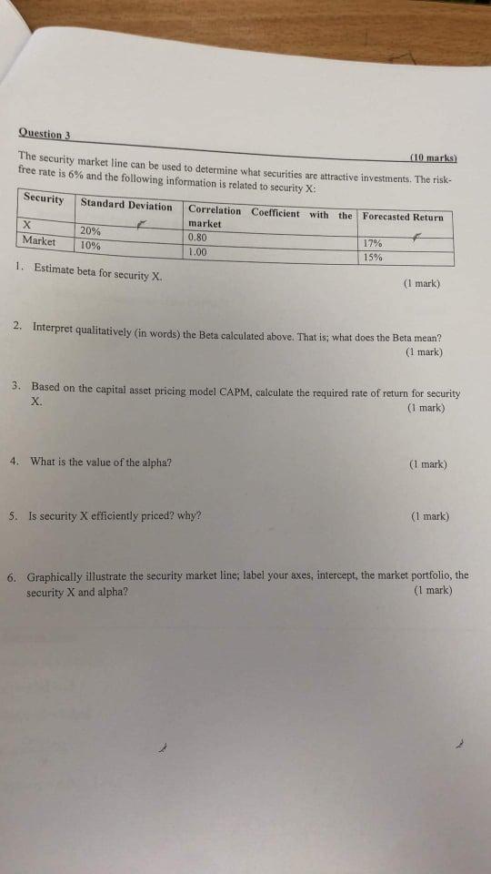 Question 3 (10 marks) The security market line can be used