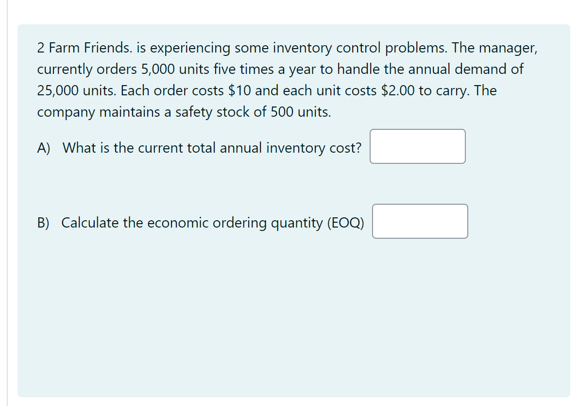 2 2 farm friends. Is experiencing some inventory control problem. The manager