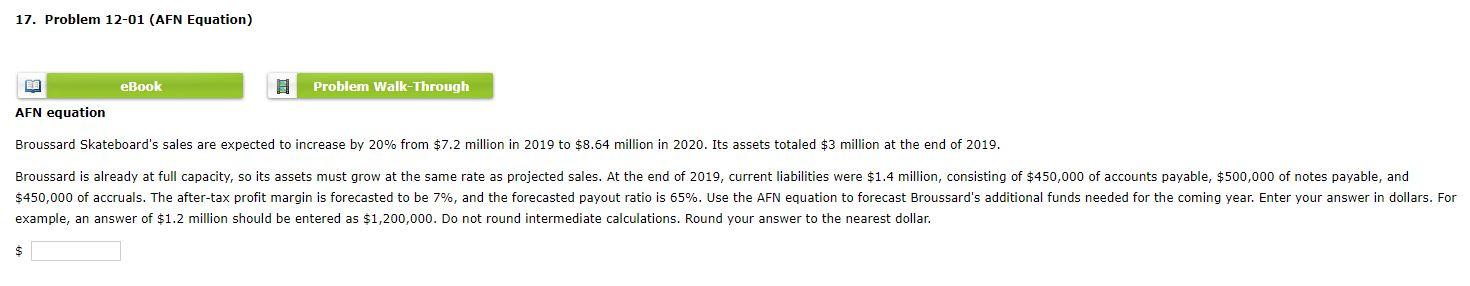  17. Problem 12-01 (AFN Equation) E eBook Problem Walk-Through AFN equation