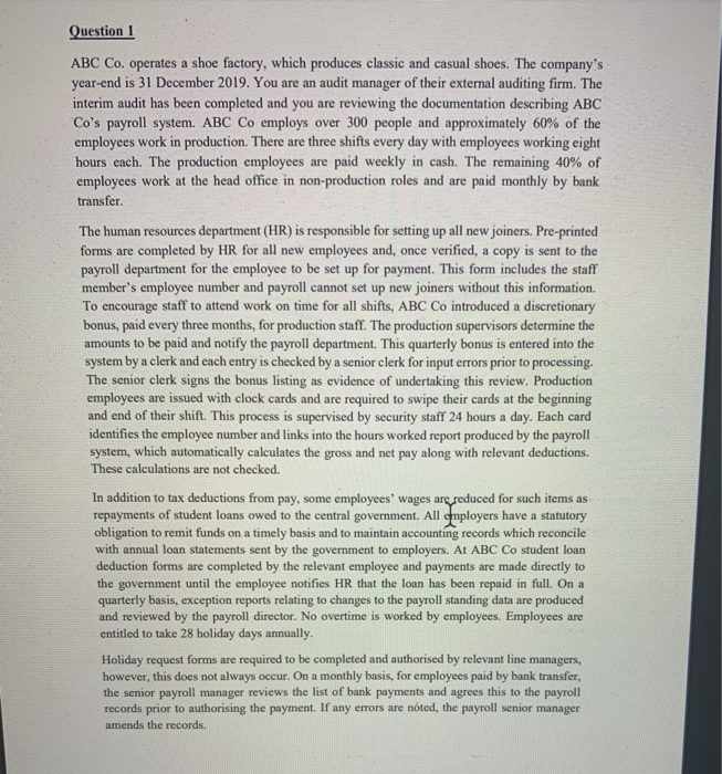  this is for auditing Question 1 ABC Co. operates a shoe