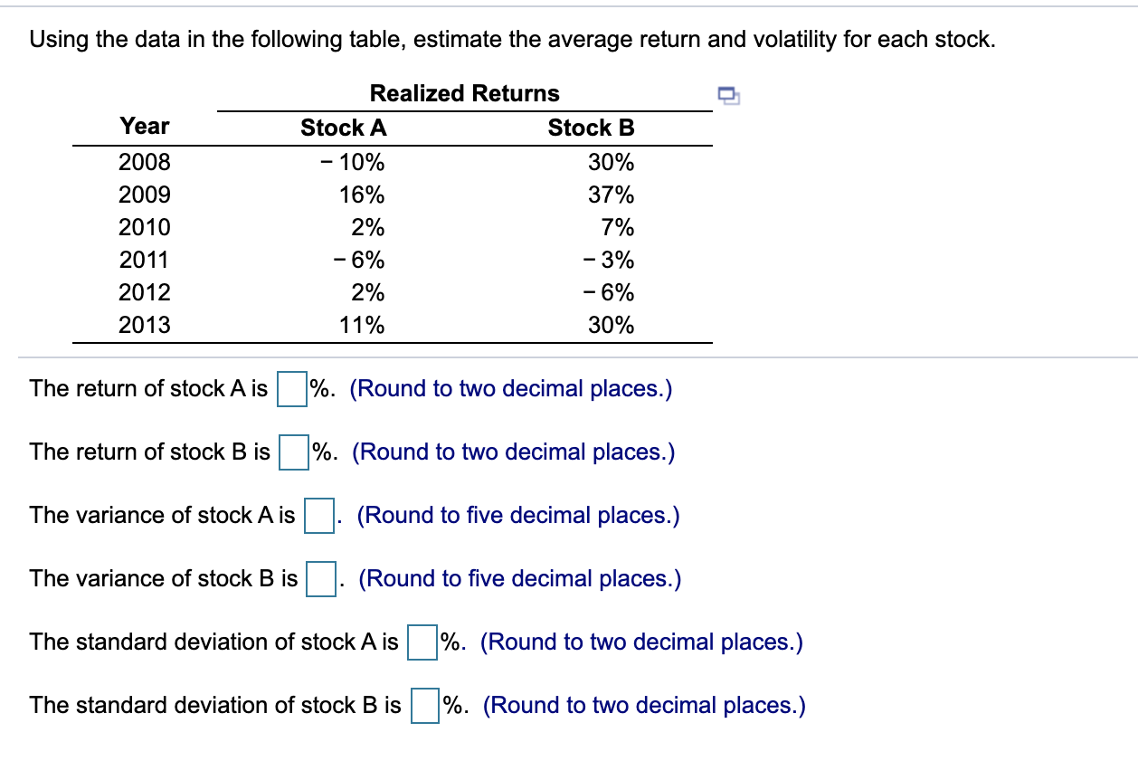  Using the data in the following table, estimate the average return