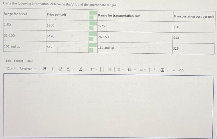 Please answer fast! Using the following information, determine the Vi 's and