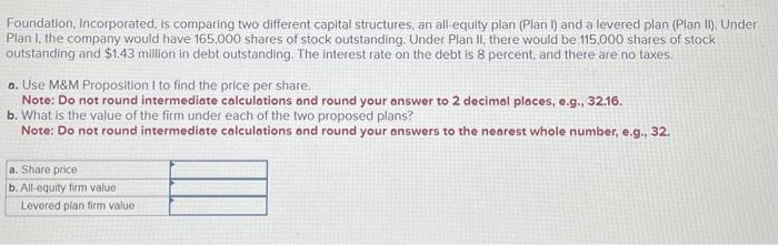 Foundation, Incorporated, is comparing two different capital structures, an all equity