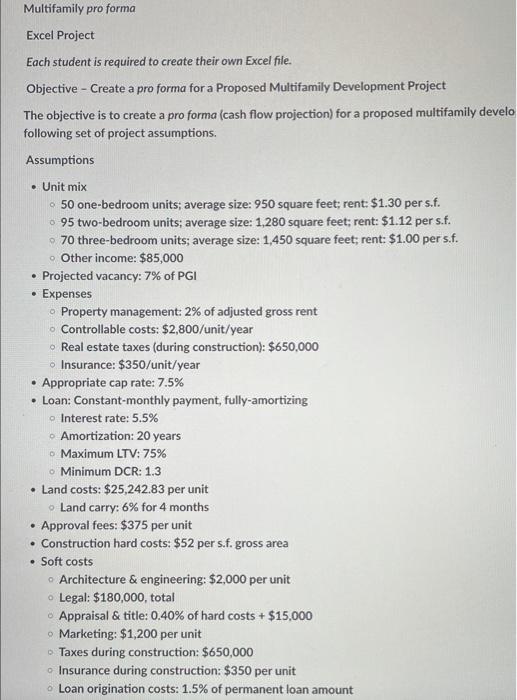  Multifamily pro forma Excel Project Each student is required to create