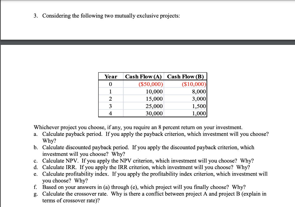  3. Considering the following two mutually exclusive projects: Year 0 1