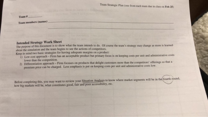  Team Strategic Plan (one from each team due in class on