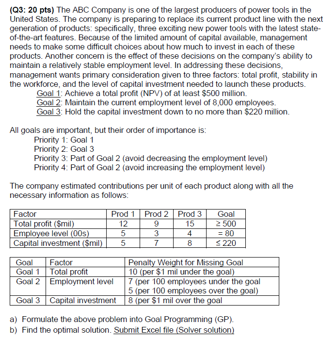 **************Please solve using Excel solver and show Formulas*************** (Q3: 20 pts) The