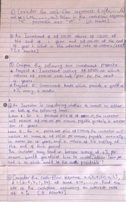  o Consider the cash-flow sequences e = (lo, ... ,la) and