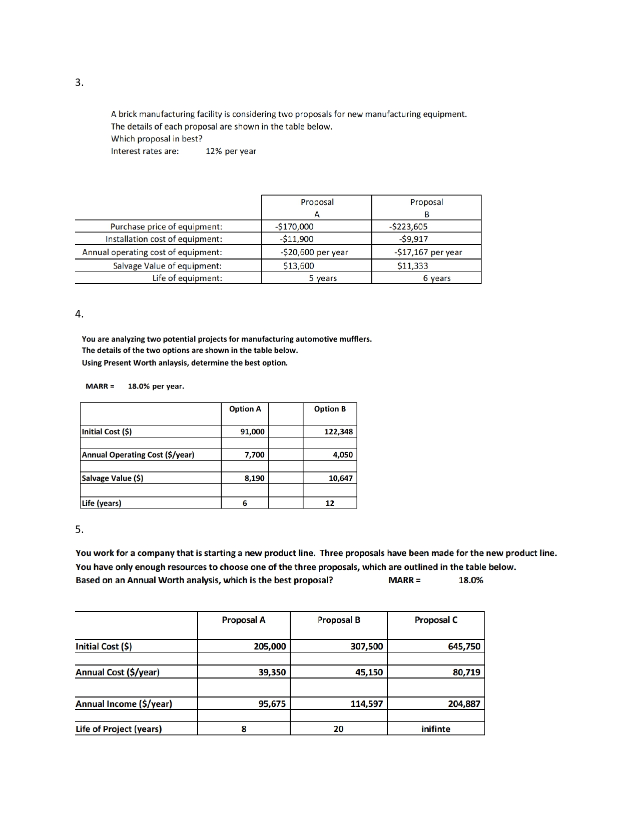 a new product line. The details of each of the two proposals