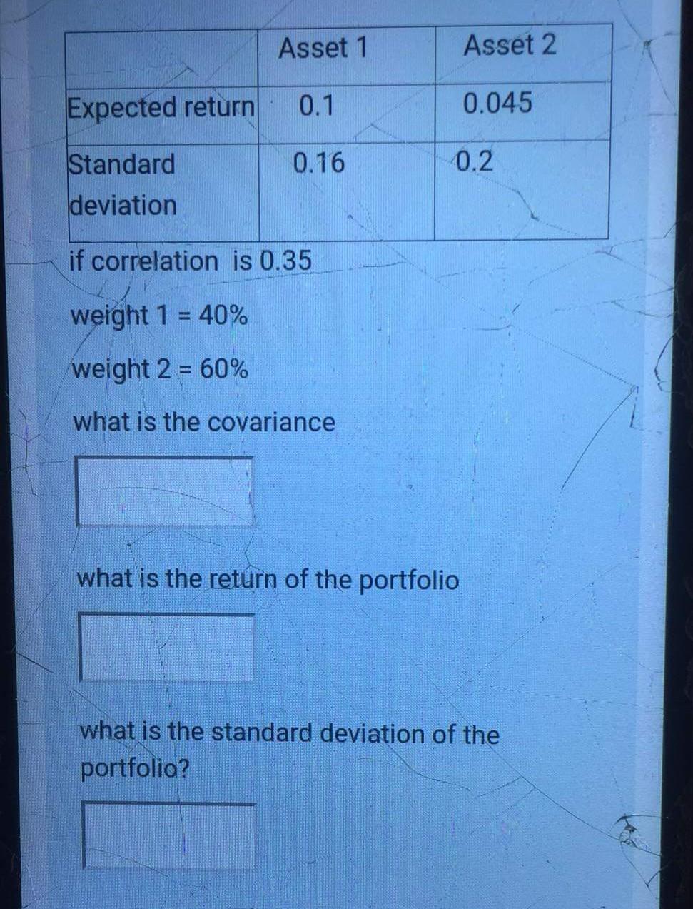  Asset 1 Asset 2 Expected return 0.1 0.045 0.16 0.2 Standard