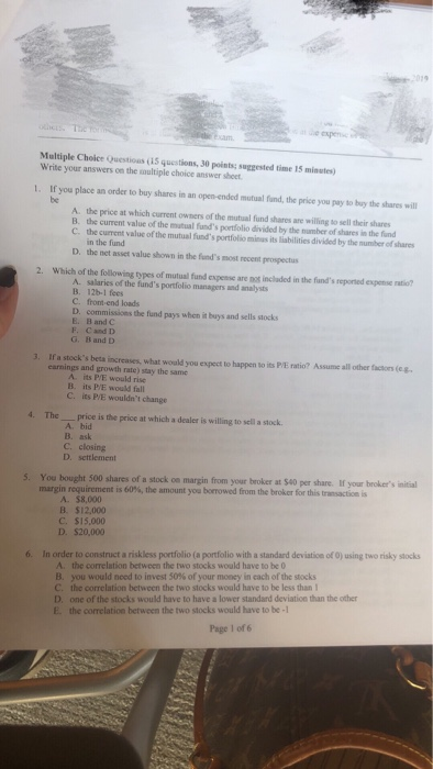  Multiple Choice Questions (15 questions, 30 points suggested time 15 minutes)