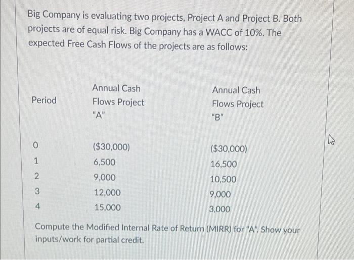  Big Company is evaluating two projects, Project A and Project B.