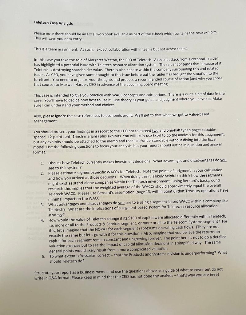  Teletech Case Analysis Please note there should be an Excel Workbook