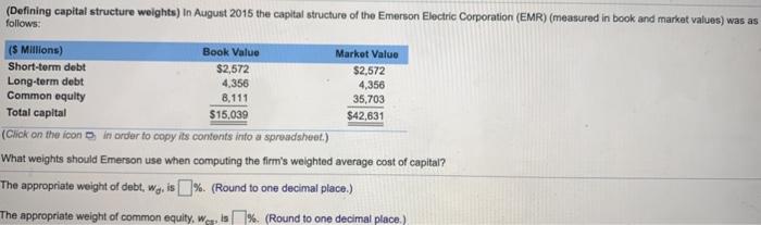 (Defining capital structure weights) In August 2015 the capital structure of