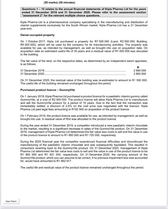 Please help with this problem (20 marks) (36 minutes) Questions 1 -