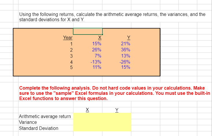 Using the following returns, calculate the arithmetic average returns, the variances,