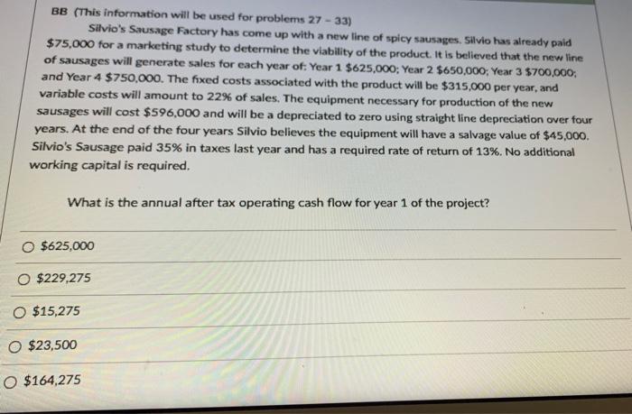  BB (This information will be used for problems 27-33) Silvio's Sausage