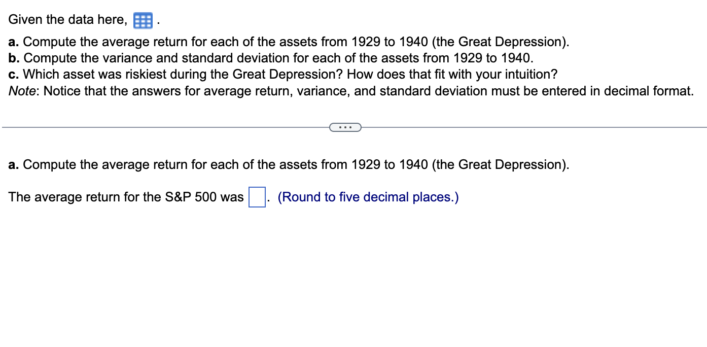  Given the data here, a. Compute the average return for each