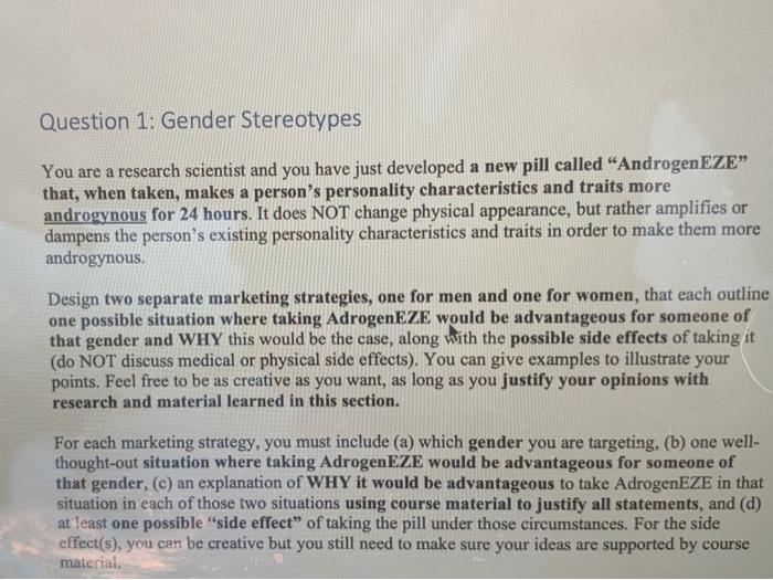  PLEASE HELP DUE IN 5 hours Question 1: Gender Stereotypes You