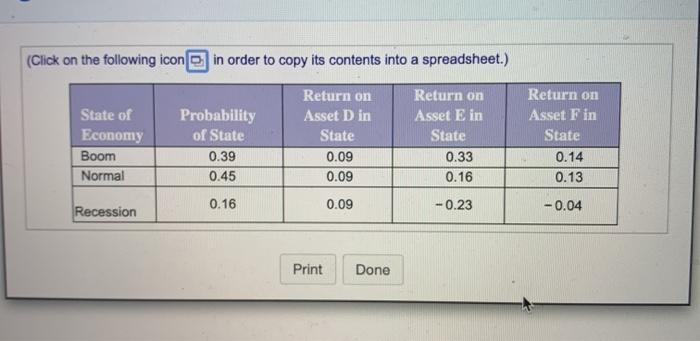 the questions: a. What is the expected return of each asset? b.