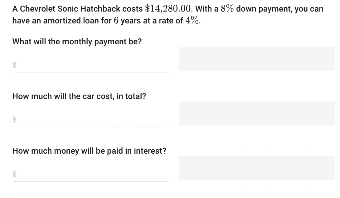 A Chevrolet Sonic Hatchback costs $14,280.00. With a 8% down payment,
