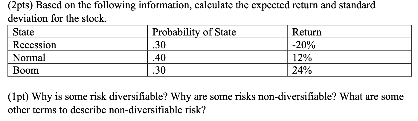  (2pts) Based on the following information, calculate the expected return and