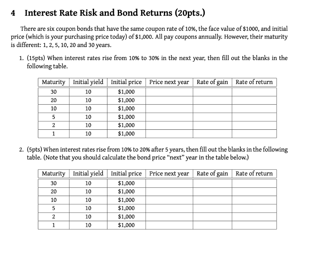 Please show all work 4 Interest Rate Risk and Bond Returns (20pts.)
