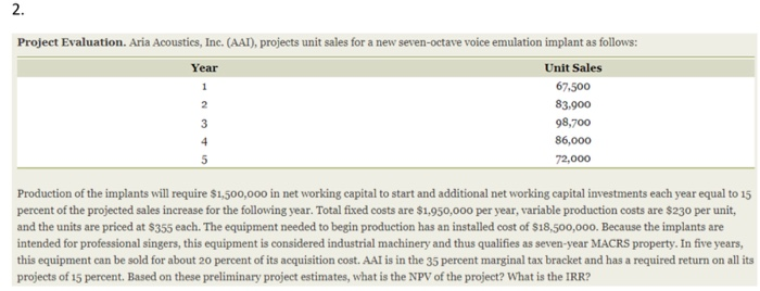  Project Evaluation. Aria Acoustics, Inc. (AAI), projects unit sales for a