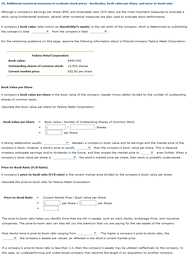 10. Additional numerical measures to evaluate stock prices - Bookvalue, book