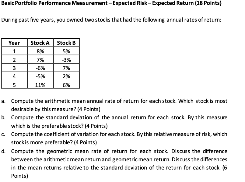  Basic Portfolio Performance Measurement-Expected Risk-Expected Return (18 Points) During past five