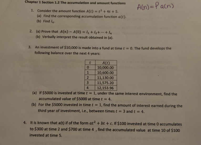 Chapter 1 Section 1.2 The accumulation and amount functions A(n)=Pacn) 1.