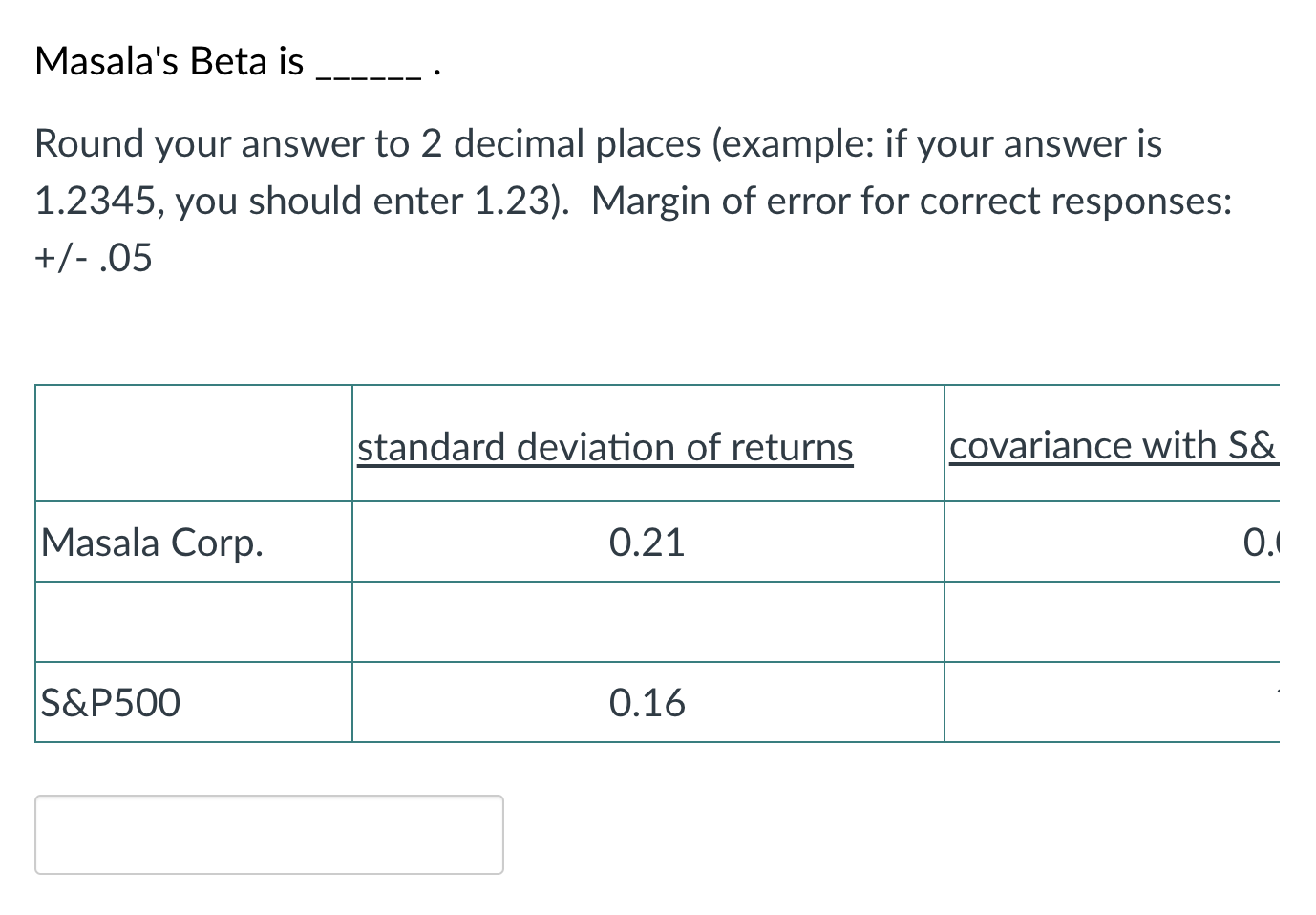 Masala's Beta is Round your answer to 2 decimal places (example: