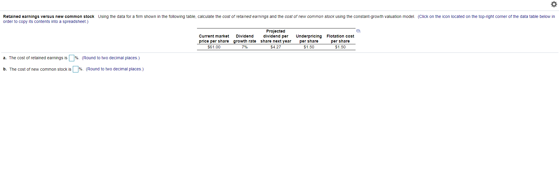  Retained earnings versus new common stock Using the data for a