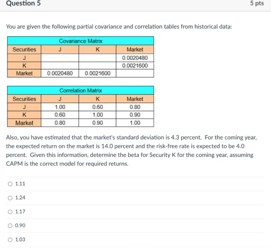 Question 5 5 pts You are given the following partial covariance