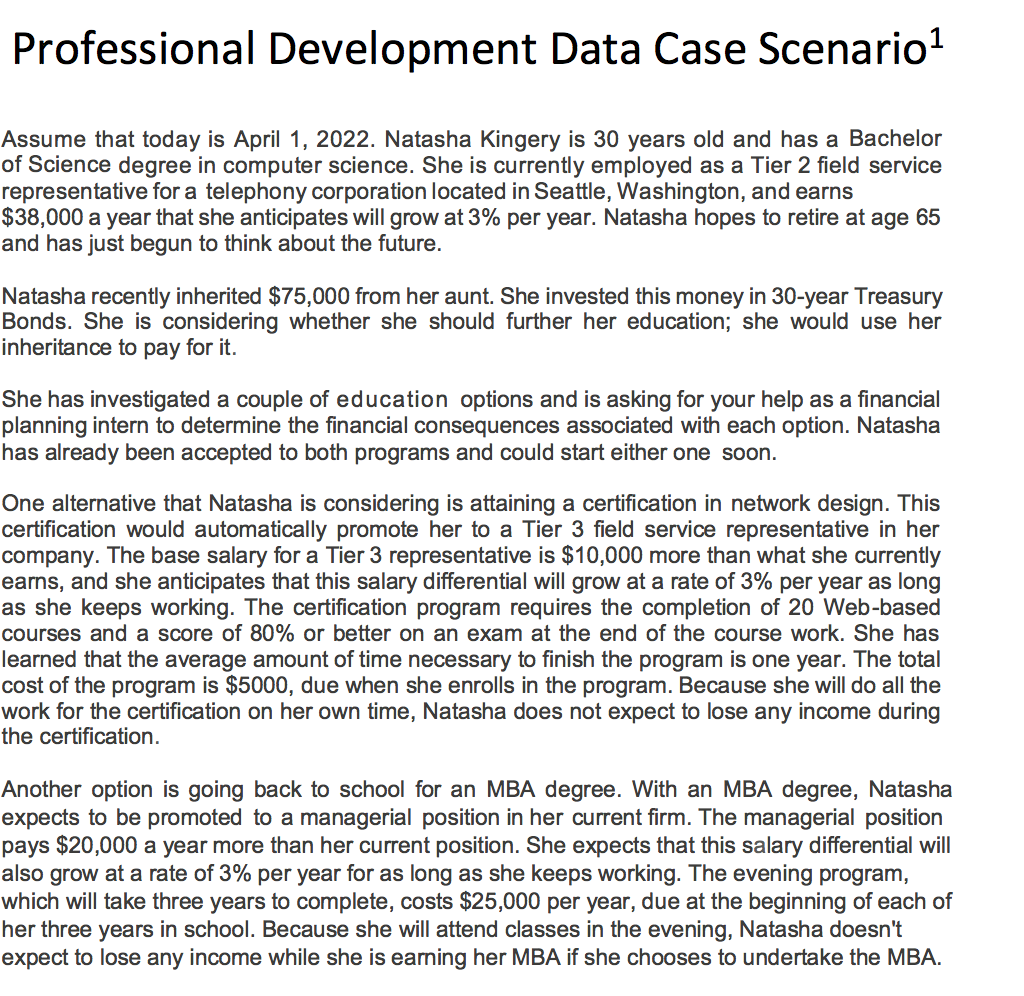 Please answer in excel and show formulas. Professional Development Data Case Scenario