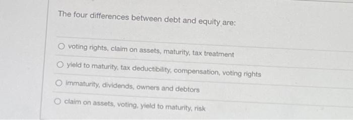  The four differences between debt and equity are: voting rights, claim
