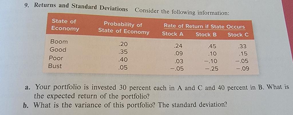 9. Returns and Standard Deviations Consider the following information: State of