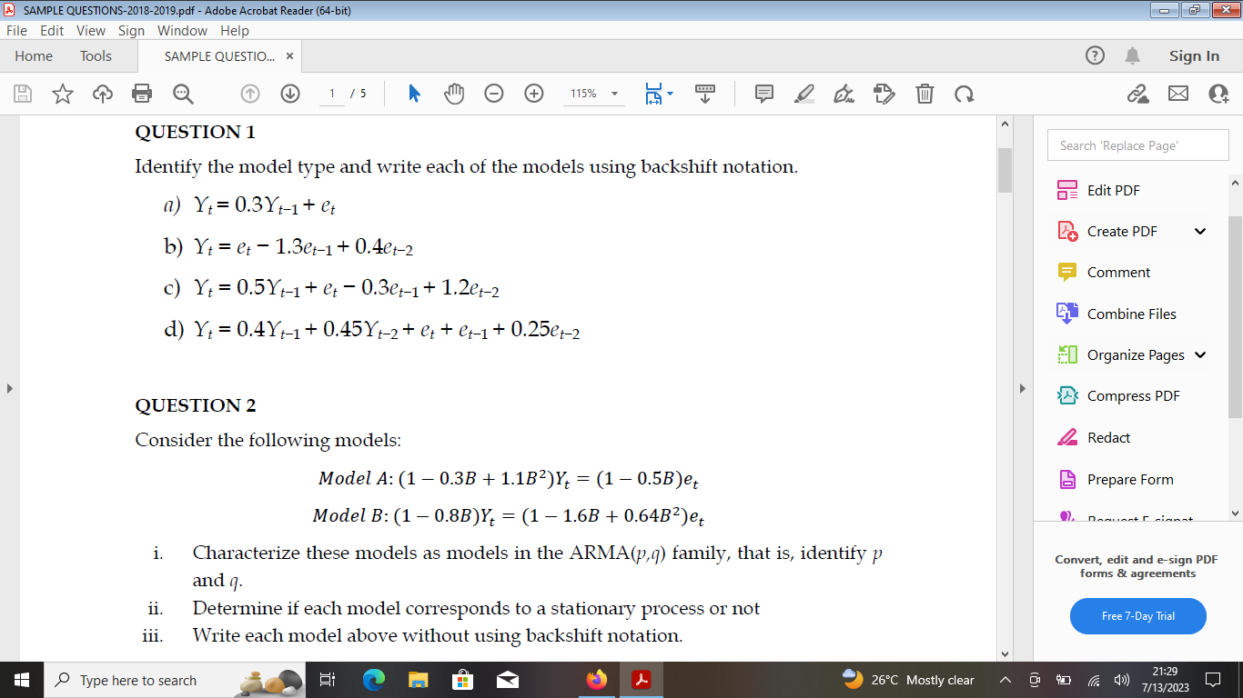 Identify the model type and write each of the models using