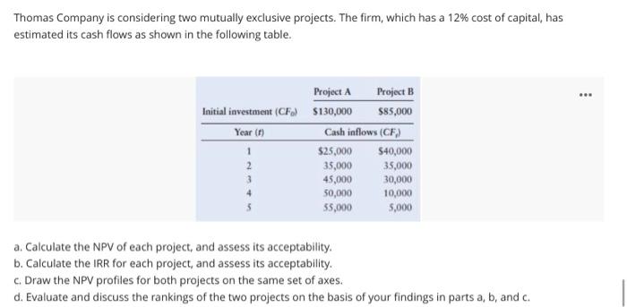 pls in excel format Thomas Company is considering two mutually exclusive projects.