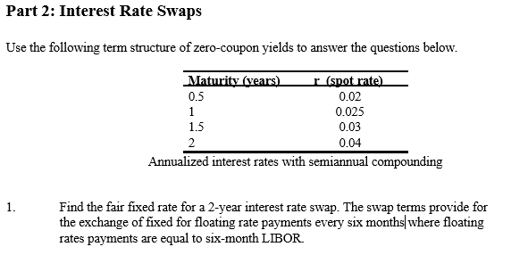 Part 2: Interest Rate Swaps Use the following term structure of