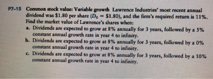  Common stock value: Variable growth Lawrence Industries' most recent annual dividend